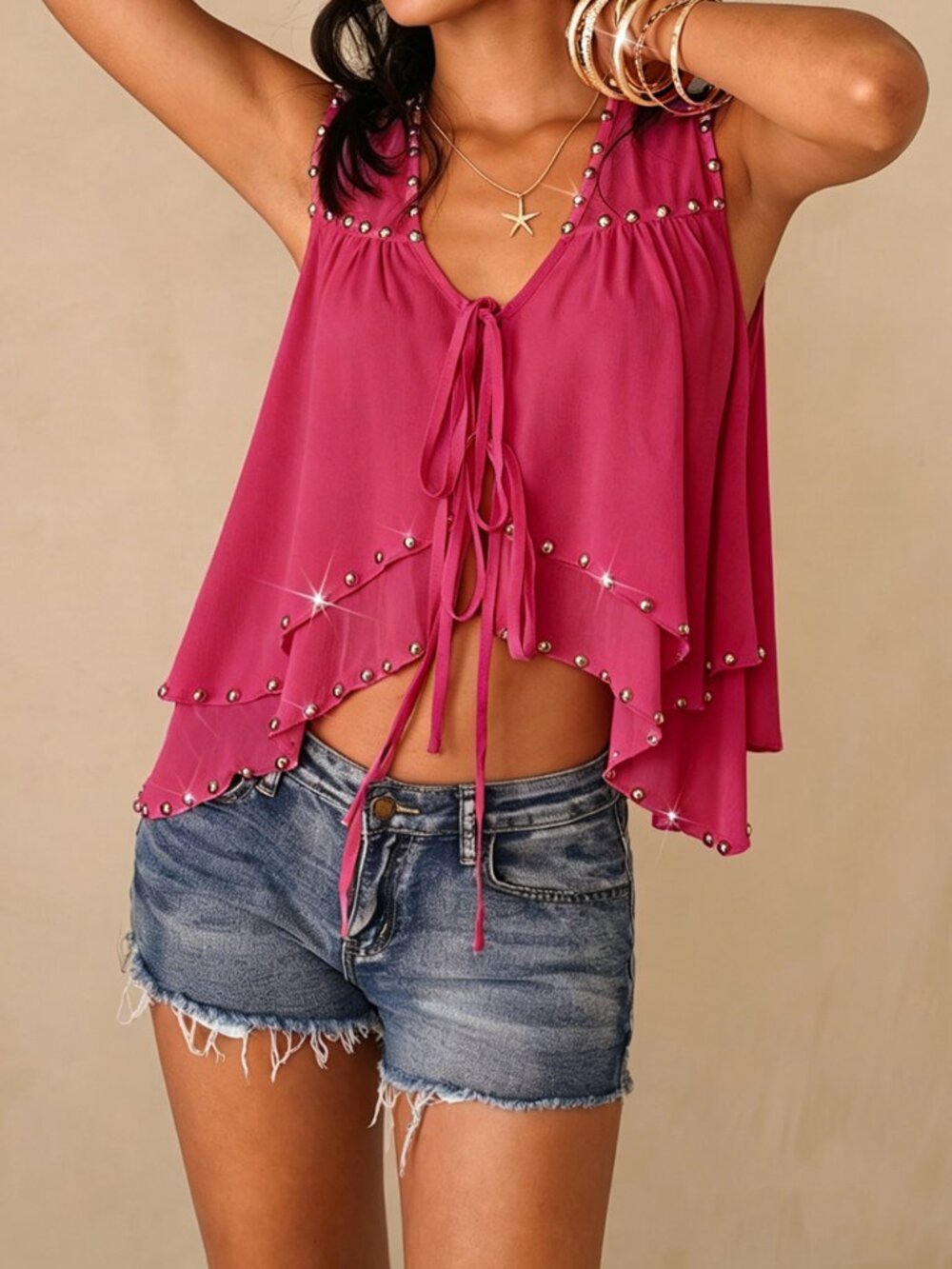 Hot Pink Casual Women's Ruffle Trim Beach Concert Elegant Blouse